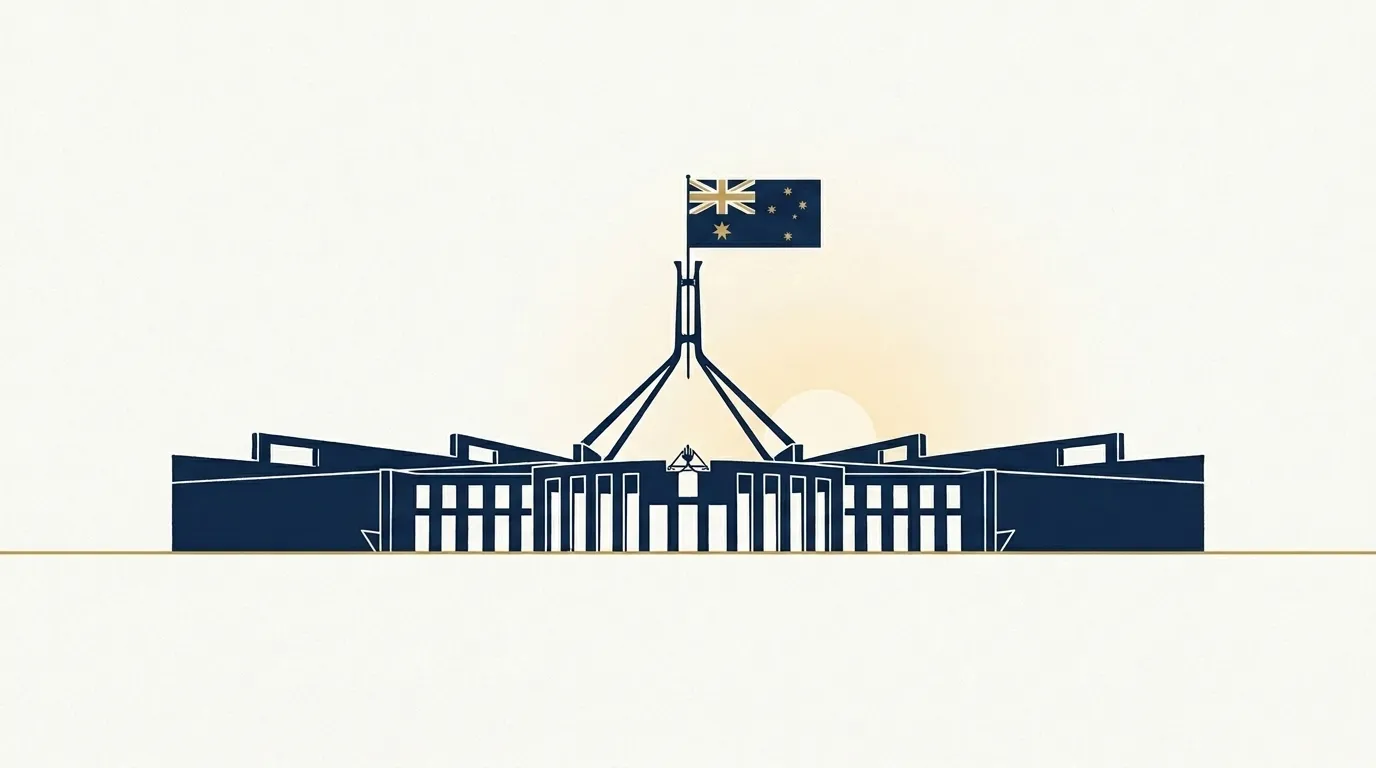Illustration of Parliament House, Canberra, flying a stylised Australian flag, in navy and gold