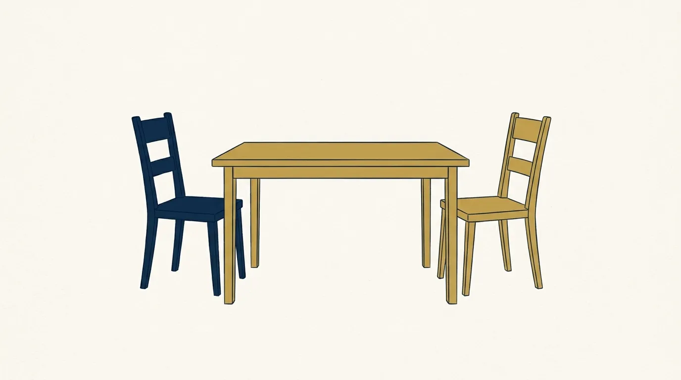Illustration of two identical chairs, one navy and one gold, facing each other across a table — the two founders, evenly matched